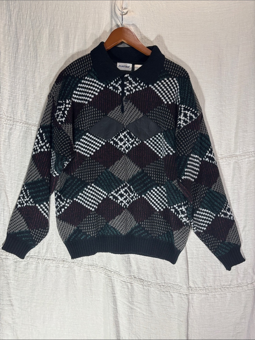 VTG Puritan Diamond Collared Button Henley Men's XL Sweater 80/90s Grandpa Core